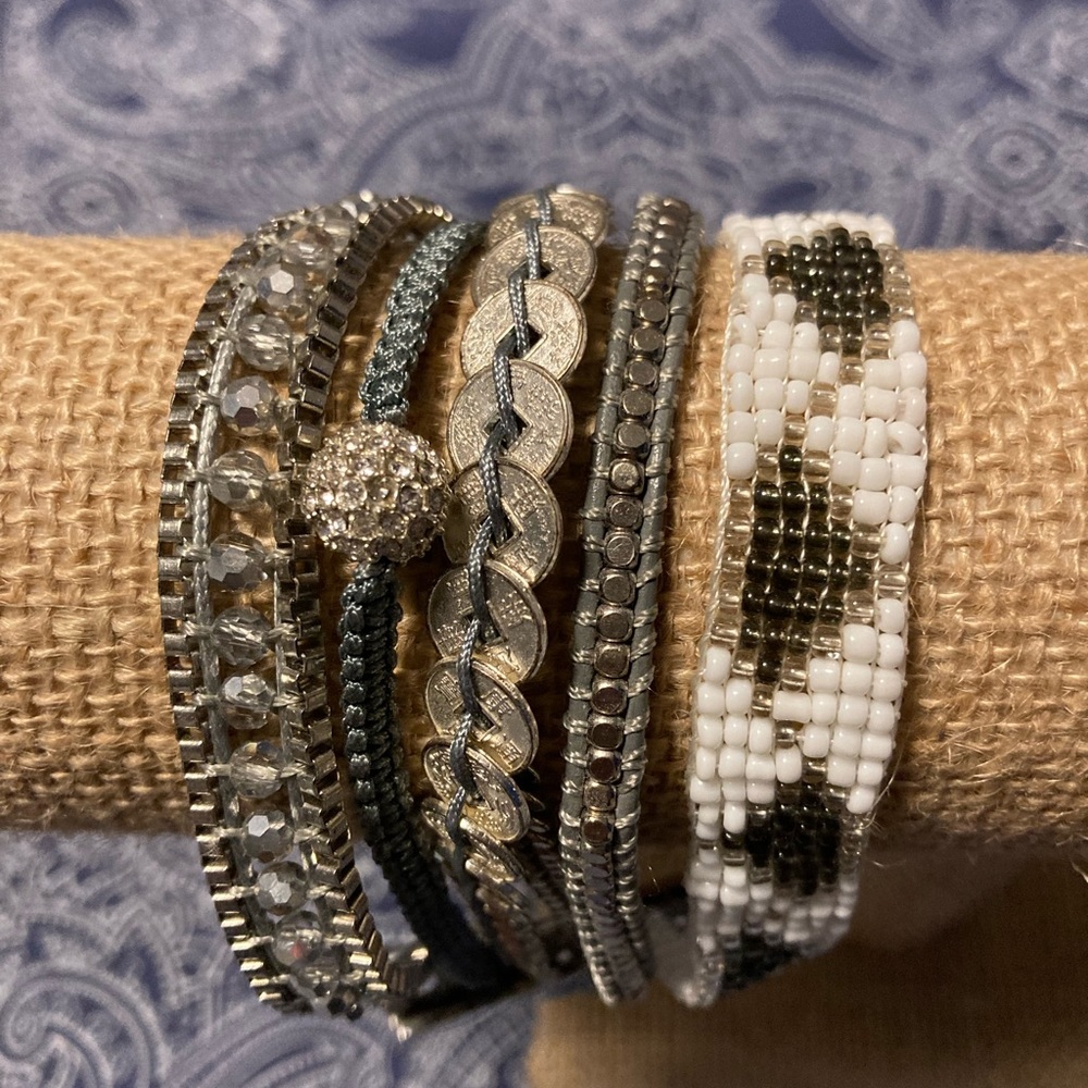 White, silver and grey tone Victoria Emerson wrap boho cuff
